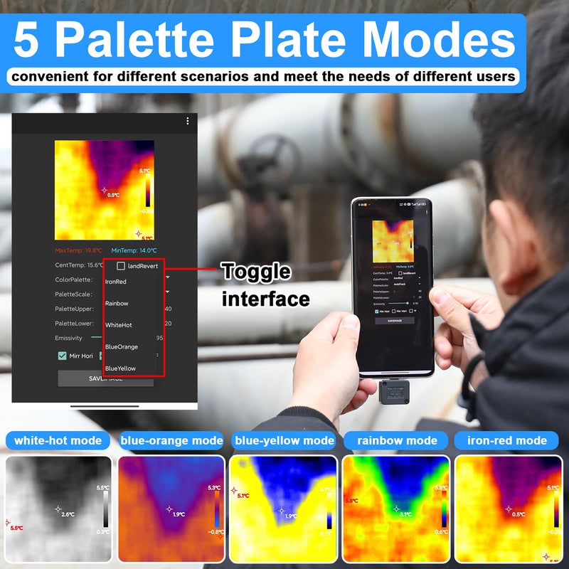 Portable Mobilephone Thermal Imager -20℃ to 1000℃ Small Thermal Imaging Camera Support Maximum Minimum Center Temperature Measurement 5 Color Palette Modes Chinese and English Language Switchable - Image 4