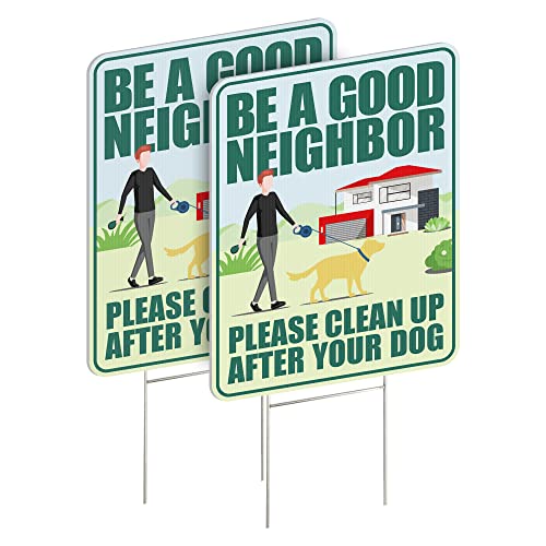 LARREEDE Clean Up After Your Dog Signs 2 Pack 12"x9" with Metal Stake, No Pooping Signs for Yard, Pick Up After Your Dog Signs - Image 1