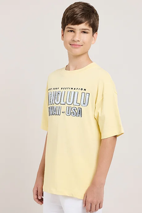 أر أند بي Typography Print T-Shirt with Crew Neck and Short Sleeves