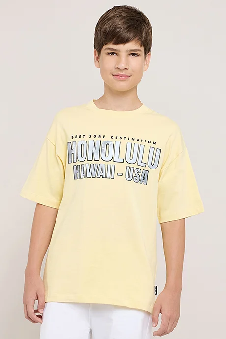 أر أند بي Typography Print T-Shirt with Crew Neck and Short Sleeves