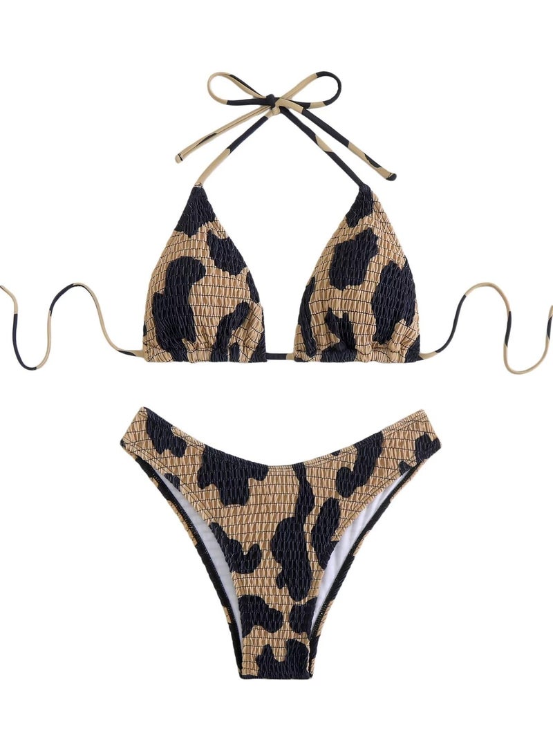 Falainetee Women's Cow Print Halter Bathing Suit High Waisted Summer Swimsuit Bikini Set Brown M - Image 1