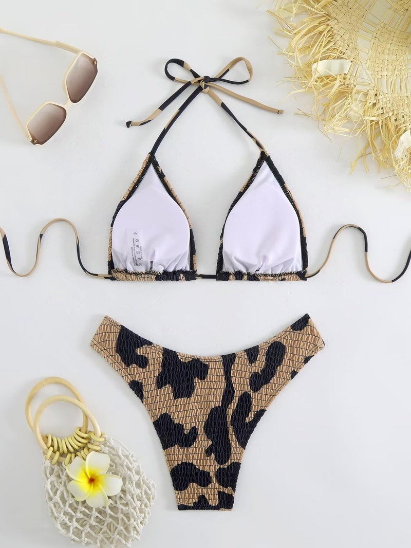 Falainetee Women's Cow Print Halter Bathing Suit High Waisted Summer Swimsuit Bikini Set Brown M - Image 2