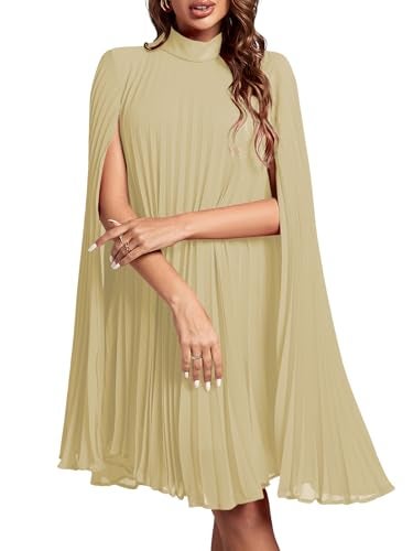Rooscier Women's Pleated Mock Neck Cloak Sleeve Flowy Keyhole Back Party Midi Dress Beige Medium - Image 1
