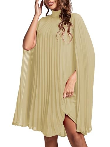 Rooscier Women's Pleated Mock Neck Cloak Sleeve Flowy Keyhole Back Party Midi Dress Beige Medium - Image 4
