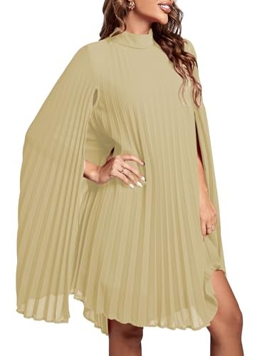 Rooscier Women's Pleated Mock Neck Cloak Sleeve Flowy Keyhole Back Party Midi Dress Beige Medium - Image 3
