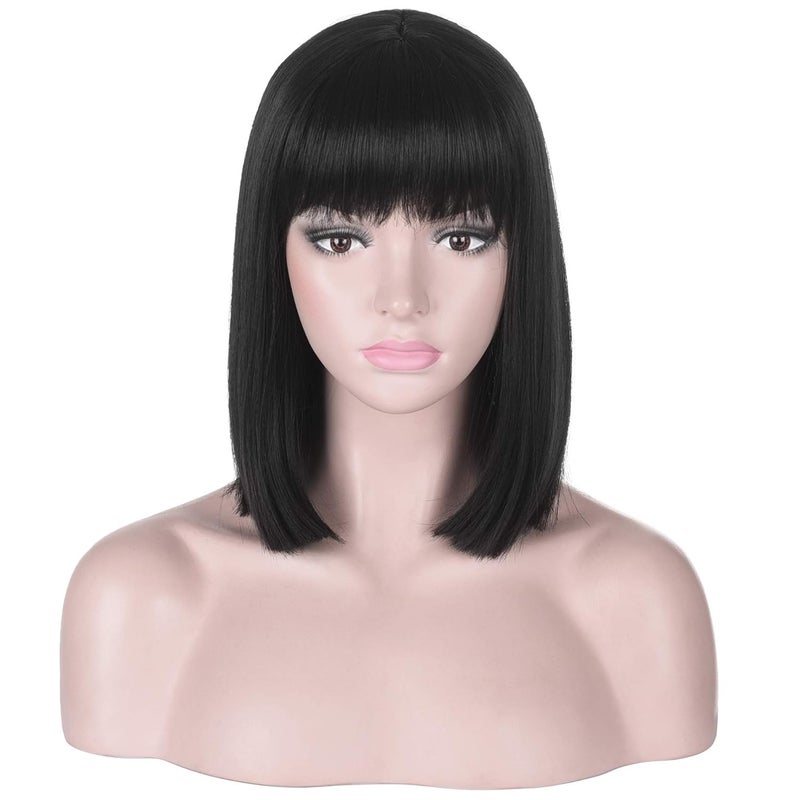 Short Straight Black Bob Wig with Bangs for Women  Natural Heat Resistant Synthetic Hair Wigs