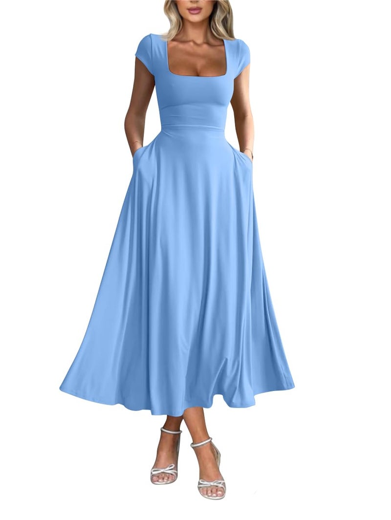 YMDUCH Women's Casual Short Sleeve Square Neck Solid Slim Flowy Maxi Dress with Pockets Sky Blue - Image 1