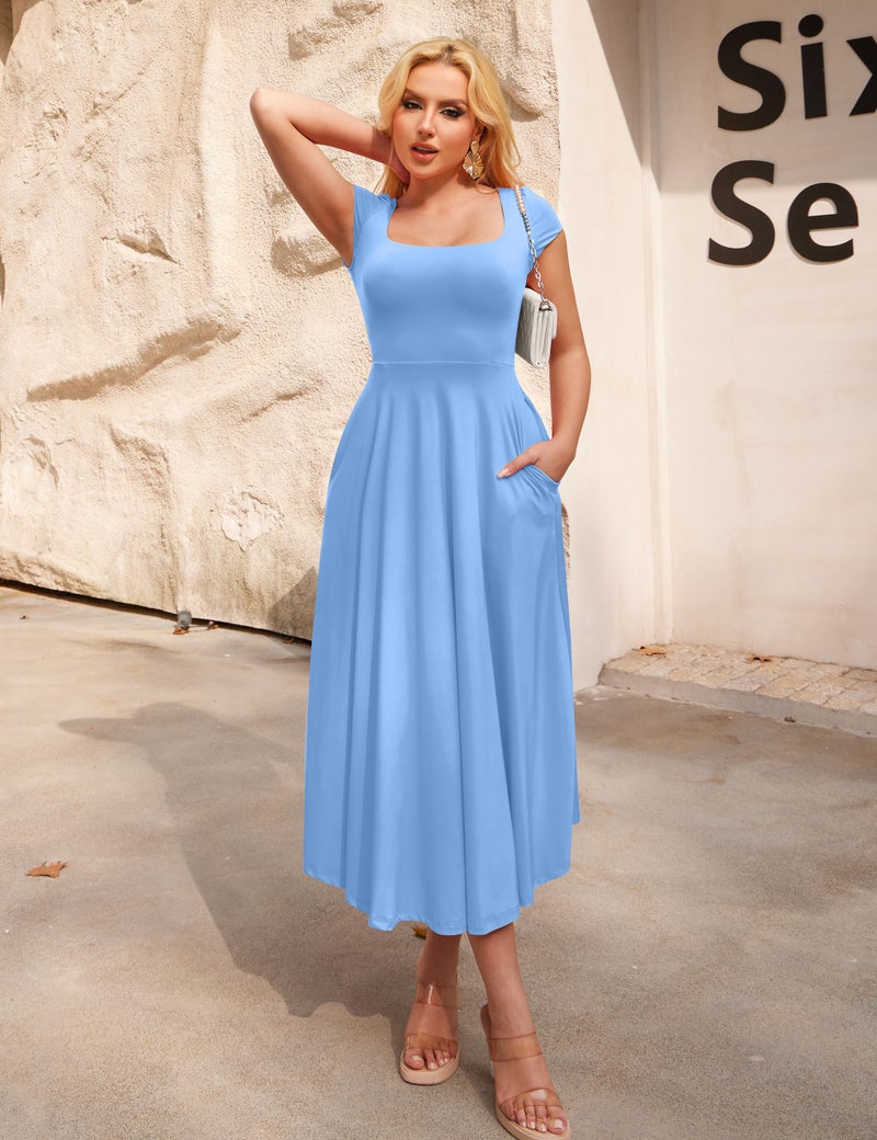 YMDUCH Women's Casual Short Sleeve Square Neck Solid Slim Flowy Maxi Dress with Pockets Sky Blue - Image 5