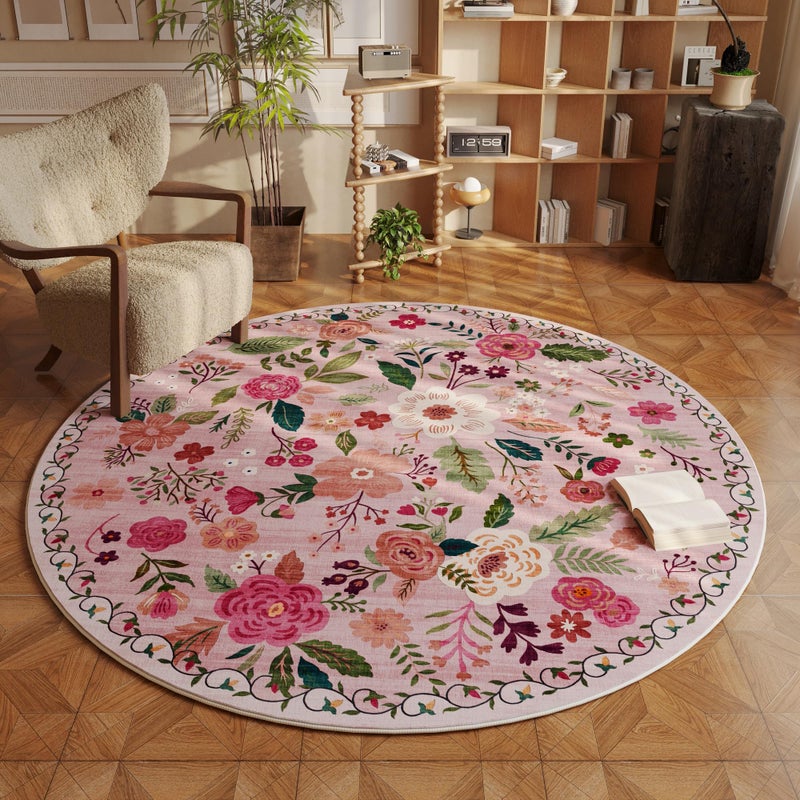 Rugcomf Round Rug 6ft Washable Circle Rug Non Slip Low Pile Boho Floral Small Circular Rug for Bedroom Bathroom Entryway Kids Room Office College DormPink
