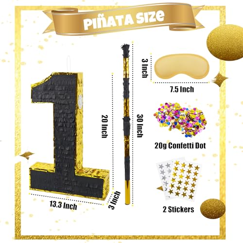 PCFING 20 Inch Number 1 Piata Gold Black with 30 Inch Piata Stick Blindfold Confetti for Man Women Boys Girls Birthday Party Decorations Anniversary Celebration Fiesta - Image 5