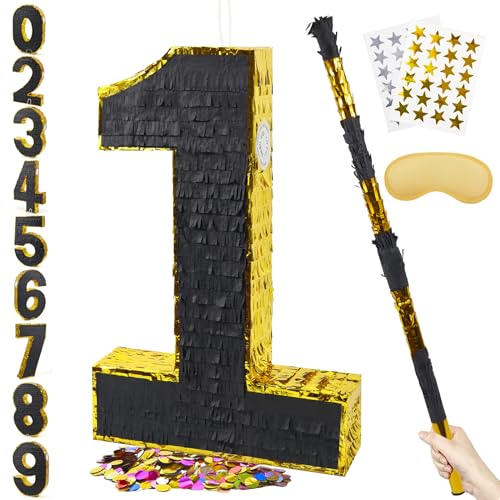 PCFING 20 Inch Number 1 Piata Gold Black with 30 Inch Piata Stick Blindfold Confetti for Man Women Boys Girls Birthday Party Decorations Anniversary Celebration Fiesta - Image 1