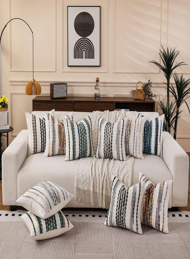KOOLIFE Boho Striped Throw Pillow Covers 18x18 Inch Set of 2 Farmhouse Square Decorative Pillow Covers Chenille Tufted Accent Neutral Pillowcase Blue Cushion Cover for Living Room Couch Sofa Bed - Image 3