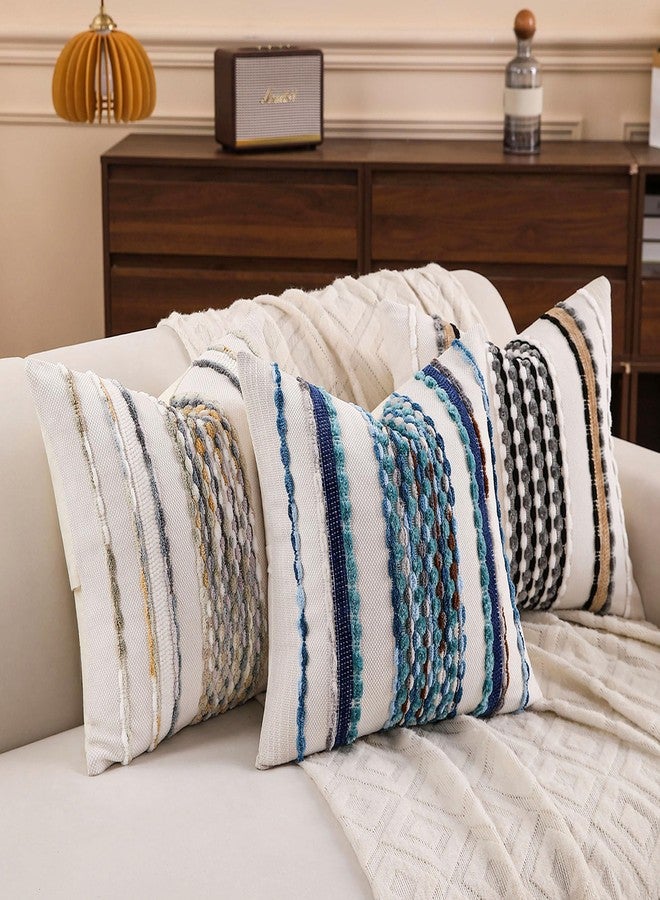 KOOLIFE Boho Striped Throw Pillow Covers 18x18 Inch Set of 2 Farmhouse Square Decorative Pillow Covers Chenille Tufted Accent Neutral Pillowcase Blue Cushion Cover for Living Room Couch Sofa Bed - Image 5
