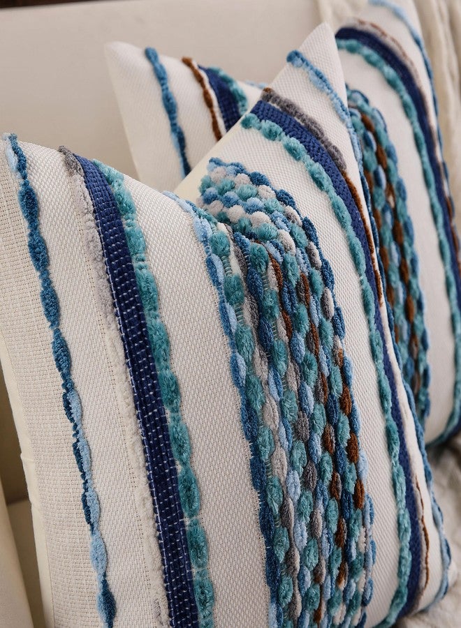 KOOLIFE Boho Striped Throw Pillow Covers 18x18 Inch Set of 2 Farmhouse Square Decorative Pillow Covers Chenille Tufted Accent Neutral Pillowcase Blue Cushion Cover for Living Room Couch Sofa Bed - Image 4