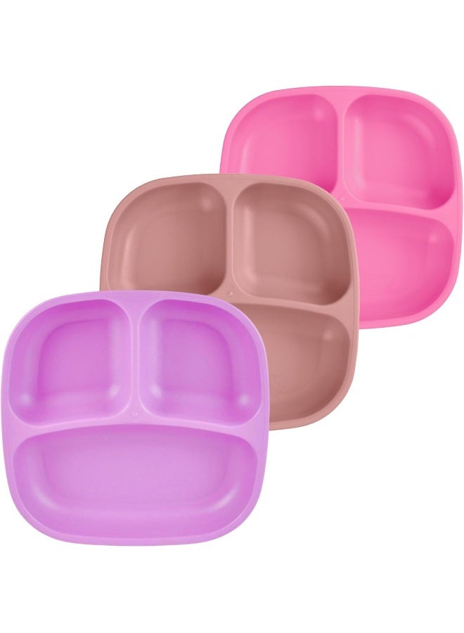 Replay Re Play Made in USA 3pk Divided Plates with Deep Sides for Toddler, Child Feeding - Purple, White, Bright Pink (Berry Bright) - Image 1