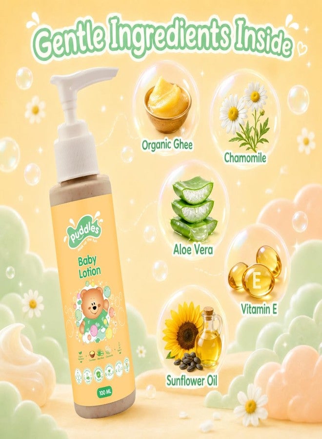 Puddles Baby Lotion 100ml | Gentle Baby Moisturiser with Organic Ghee, Aloe Vera, Chamomile & Vitamin E | Non-Sticky Daily Nourishing Lotion for Soft Baby Skin - Image 2