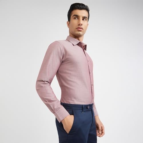 Raymond Men's Slim Fit Formal Shirt | Pure Cotton Solid Design Semi Cutaway Collar Office Wear Dark Red - Image 2
