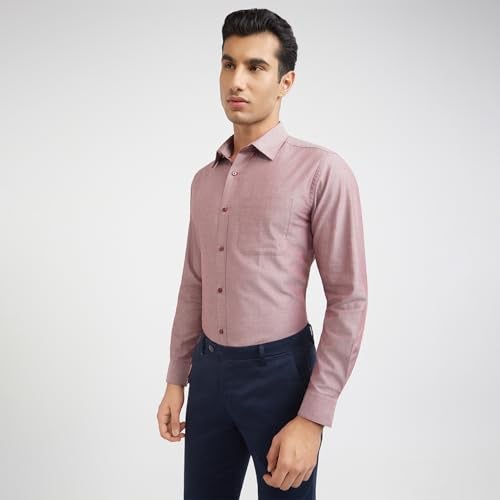 Raymond Men's Slim Fit Formal Shirt | Pure Cotton Solid Design Semi Cutaway Collar Office Wear Dark Red - Image 3