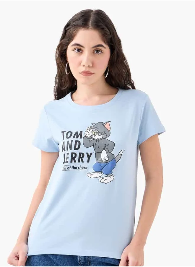 SP Characters Tom and Jerry Print T-shirt with Short Sleeves and Crew Neck