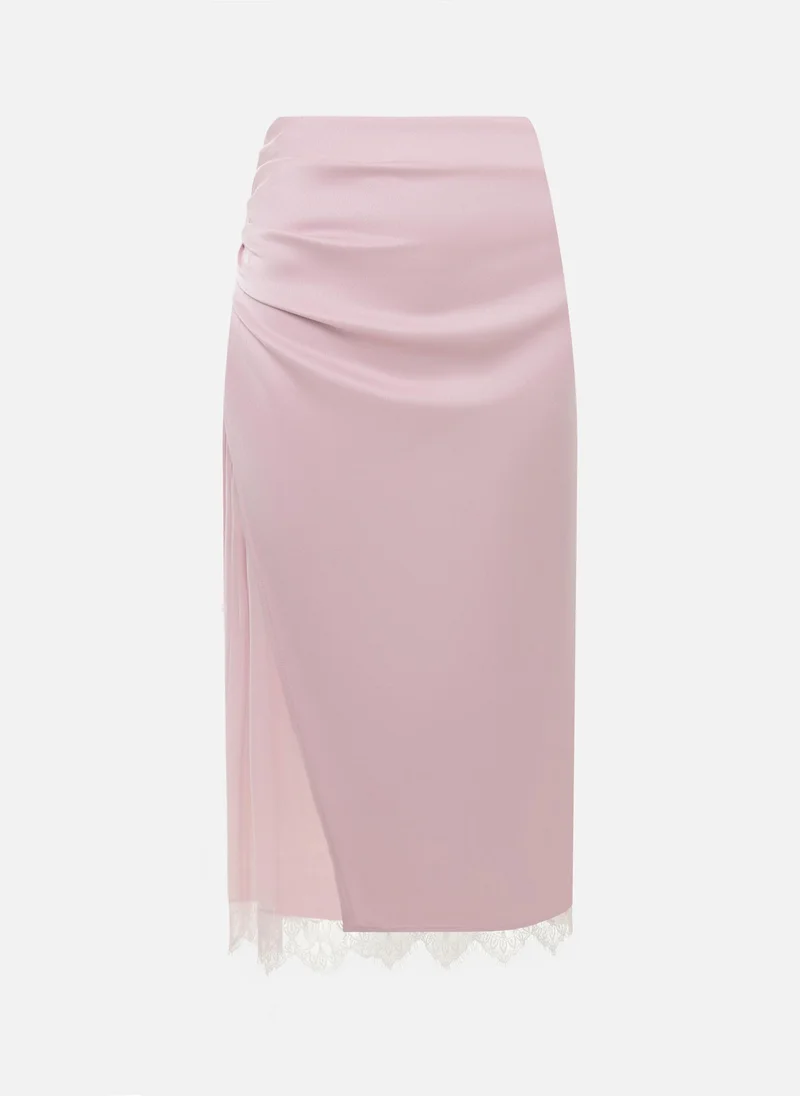 Lichi Satin midi skirt with lace trim