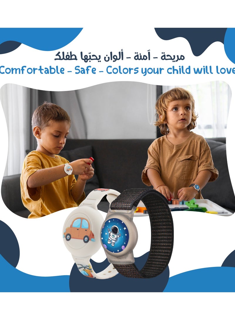 لوميف مجموعة تتبع ذكية للأطفال – ٢ أيرتاج بتقنية بلوتوث متوافقة مع ابل فايند ماي + ١ سوار سيليكون مقاوم للماء + ١ سوار نايلون خفيف الوزن مضاد للفقدان + ٢ حافظة سيليكون مع دبوس مخفي غير مرئي للأمان – ملائمة للأطفال والكبار من  الجنسين، تصاميم مرحة وآمنة(الطاقة-Power) - Image 4