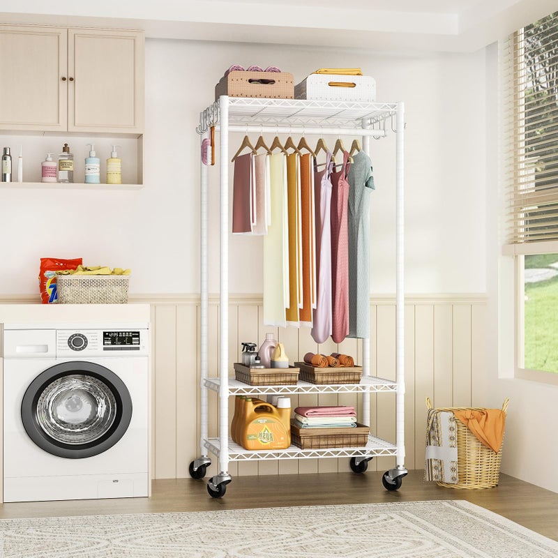 FUTASSI P6 Medium Rolling Clothes Rack Heavy Duty, Clothing Racks for Hanging Clothes, Freestanding Garment Rack with Wheels, Portable Closet Rack Max Load 370 LBS, 30''W x 14''D x 77.6''H, White - Image 4