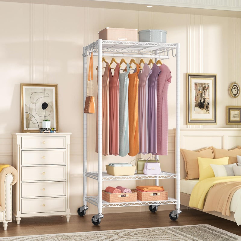 FUTASSI P6 Medium Rolling Clothes Rack Heavy Duty, Clothing Racks for Hanging Clothes, Freestanding Garment Rack with Wheels, Portable Closet Rack Max Load 370 LBS, 30''W x 14''D x 77.6''H, White - Image 2