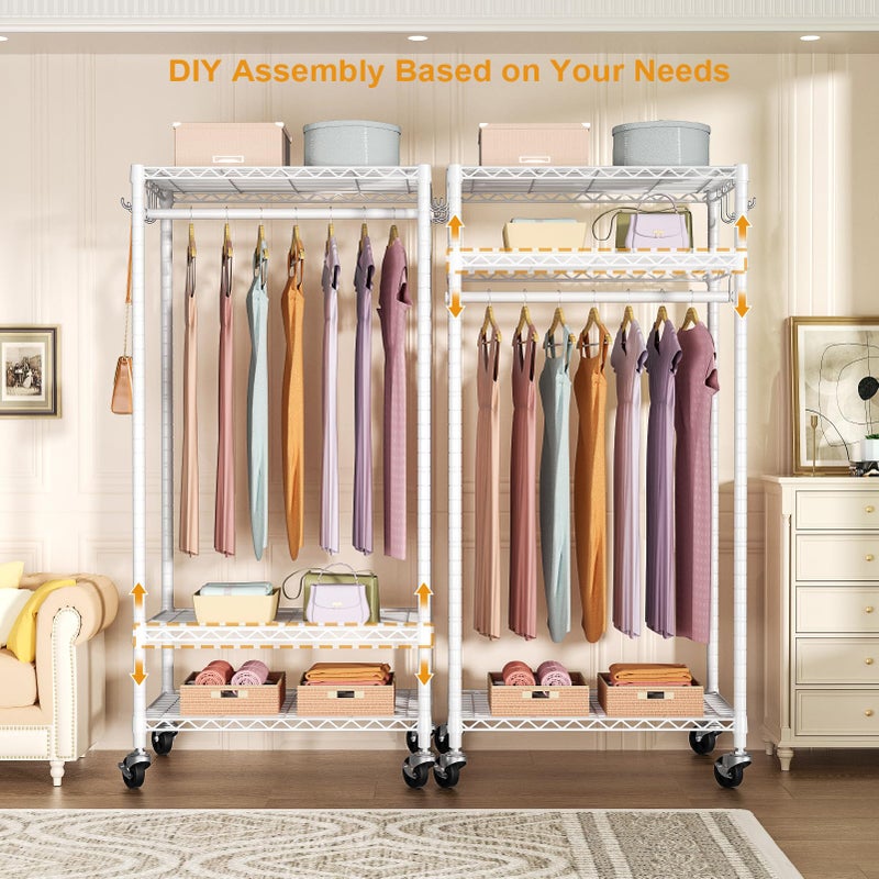 FUTASSI P6 Medium Rolling Clothes Rack Heavy Duty, Clothing Racks for Hanging Clothes, Freestanding Garment Rack with Wheels, Portable Closet Rack Max Load 370 LBS, 30''W x 14''D x 77.6''H, White - Image 5