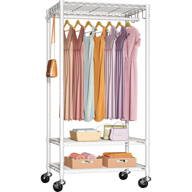 FUTASSI P6 Medium Rolling Clothes Rack Heavy Duty, Clothing Racks for Hanging Clothes, Freestanding Garment Rack with Wheels, Portable Closet Rack Max Load 370 LBS, 30''W x 14''D x 77.6''H, White - Image 1