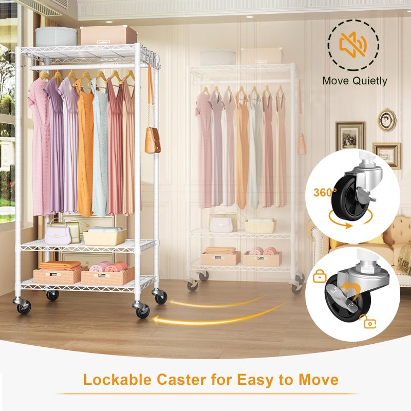 FUTASSI P6 Medium Rolling Clothes Rack Heavy Duty, Clothing Racks for Hanging Clothes, Freestanding Garment Rack with Wheels, Portable Closet Rack Max Load 370 LBS, 30''W x 14''D x 77.6''H, White - Image 3