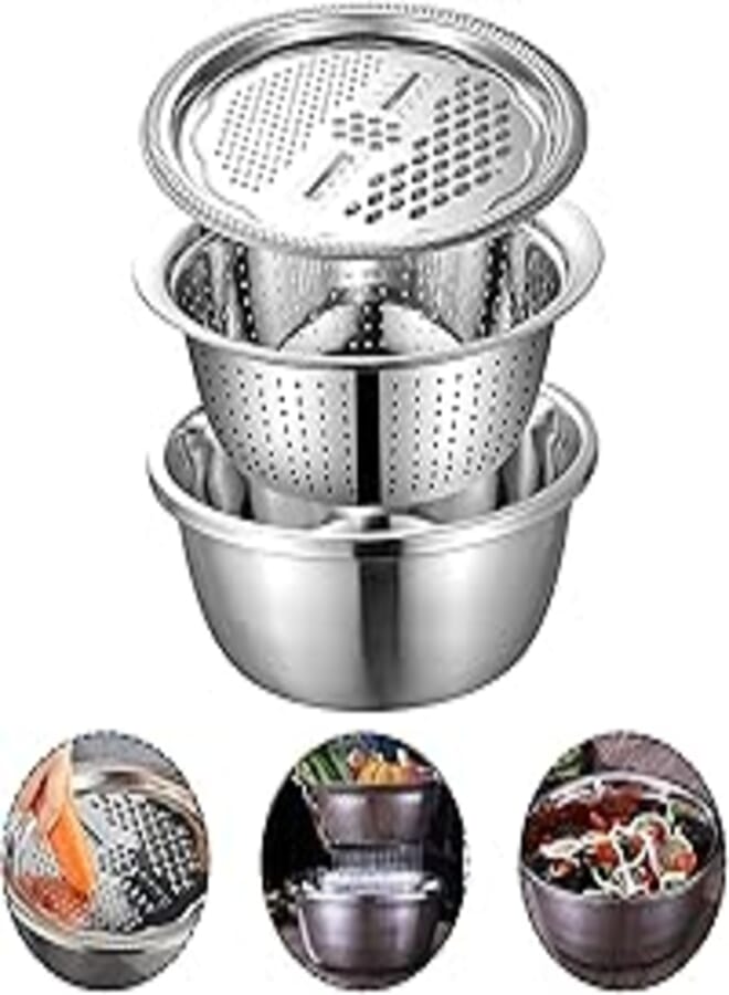 Basin Stainless Steel Grater With Vegetable Cutter And Rice Sieve 3Pcs/Set Multifunctional Food Basin Bowl Food Drainer Colander Grater Slicer Set Multifunctional Kitchen Tools (Color : 26Cm)