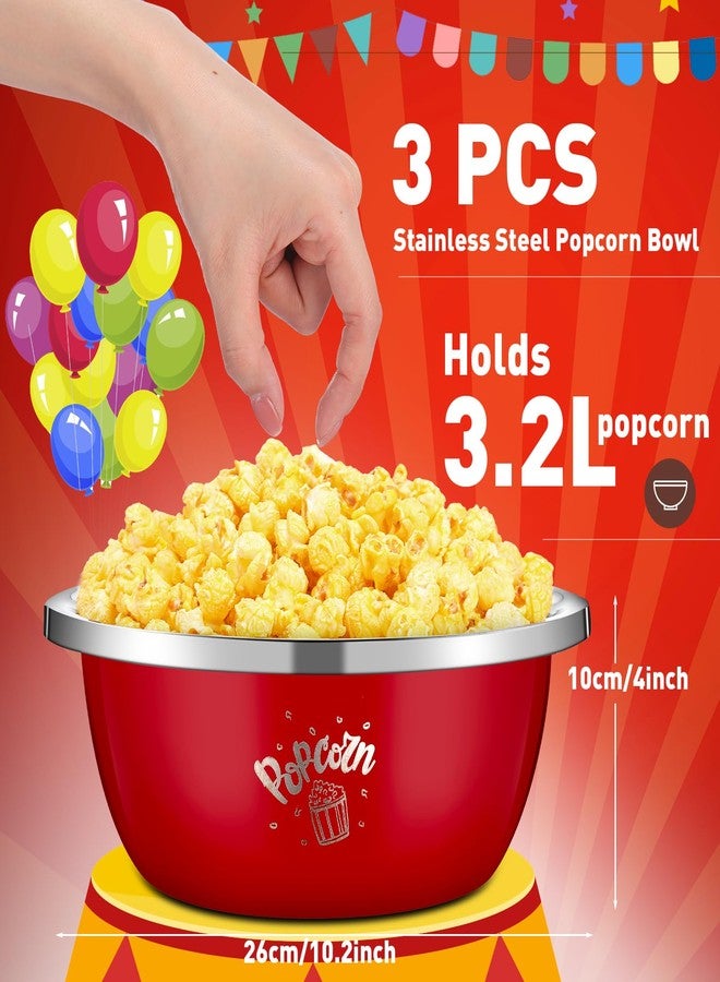 Skybooly 3 Pcs Popcorn Bowls 3.4 Qt Stainless Steel Mixing Bowl Metal Bowl Stainless Steel Bowls Large Reusable Popcorn Serving Bowl for Home Movie Kitchen (Red) - Image 2