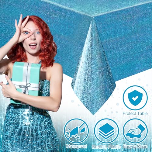 Just Shimmer Light Blue Holographic Tablecloth 40" x 108" Hot Pink Party Decoration Valentine's Day & Birthday Table Decor Iridescent Plastic Table Cloth For Baby Showers & Bachelorette Parties - Image 3
