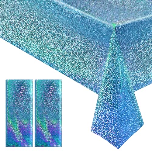 Just Shimmer Light Blue Holographic Tablecloth 40" x 108" Hot Pink Party Decoration Valentine's Day & Birthday Table Decor Iridescent Plastic Table Cloth For Baby Showers & Bachelorette Parties - Image 1