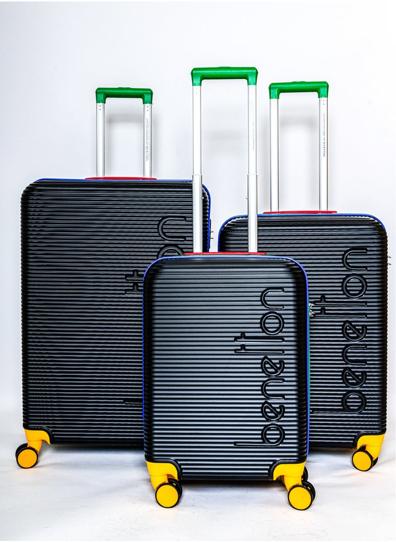 UNITED COLORS OF BENETTON - BNTA-204 Premium Quality Set of 3 Luggage with TSA Lock| Material- Acrylonitrile Butadiene Styrene| Adjustable Trolley Handle | Smooth Dual Wheels 360degree rotate| Cabin, Medium, Large| Black - Image 1