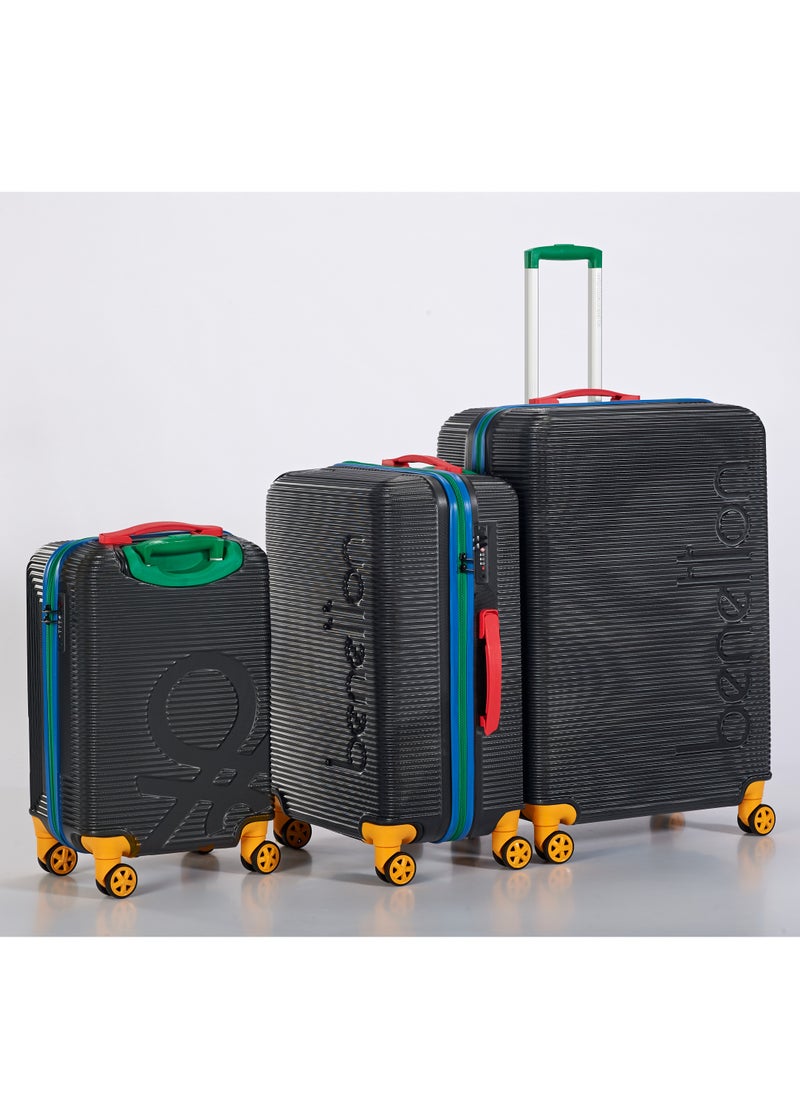 UNITED COLORS OF BENETTON - BNTA-204 Premium Quality Set of 3 Luggage with TSA Lock| Material- Acrylonitrile Butadiene Styrene| Adjustable Trolley Handle | Smooth Dual Wheels 360degree rotate| Cabin, Medium, Large| Black - Image 1