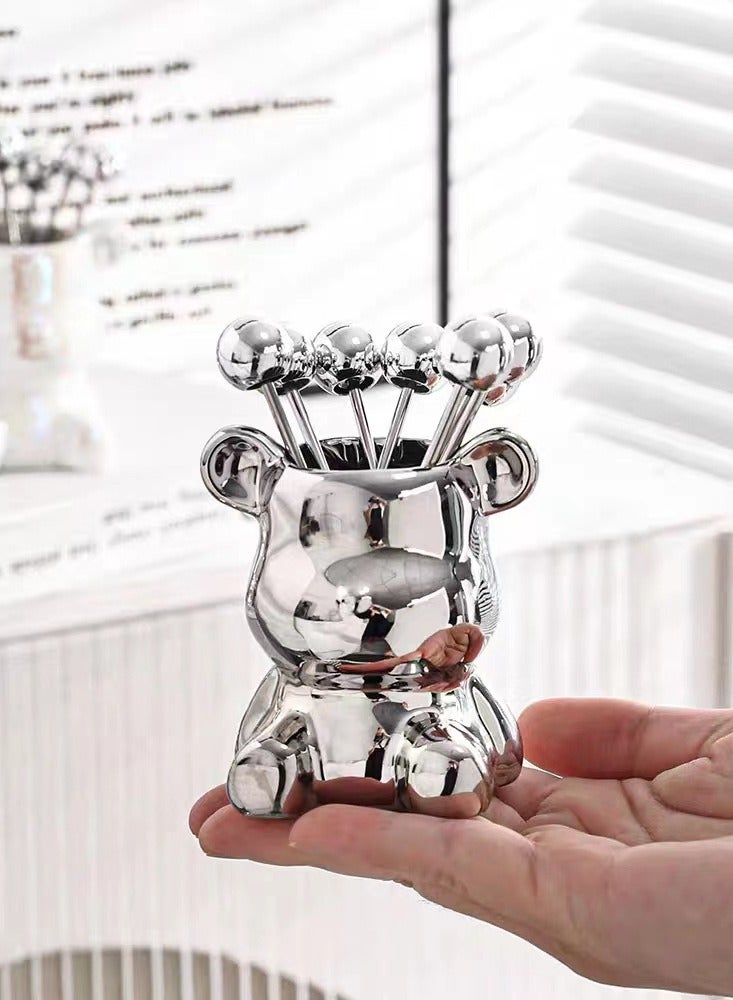 Dessert fruit picks, light luxury bear fruit fork, household tableware, cute fruit fork jar, creative storage jar (8x9, silver) - Image 1