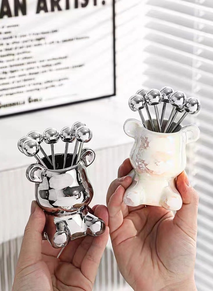 Dessert fruit picks, light luxury bear fruit fork, household tableware, cute fruit fork jar, creative storage jar (8x9, silver) - Image 3