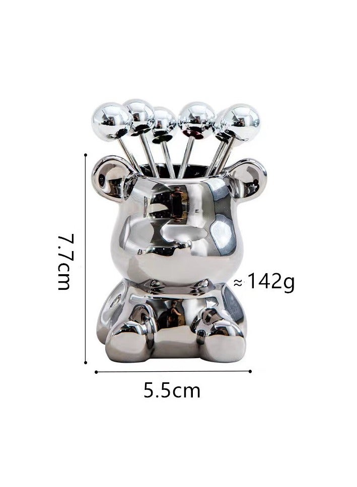 Dessert fruit picks, light luxury bear fruit fork, household tableware, cute fruit fork jar, creative storage jar (8x9, silver) - Image 4