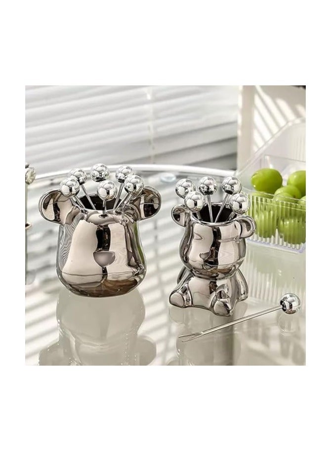 Dessert fruit picks, light luxury bear fruit fork, household tableware, cute fruit fork jar, creative storage jar (8x9, silver) - Image 5