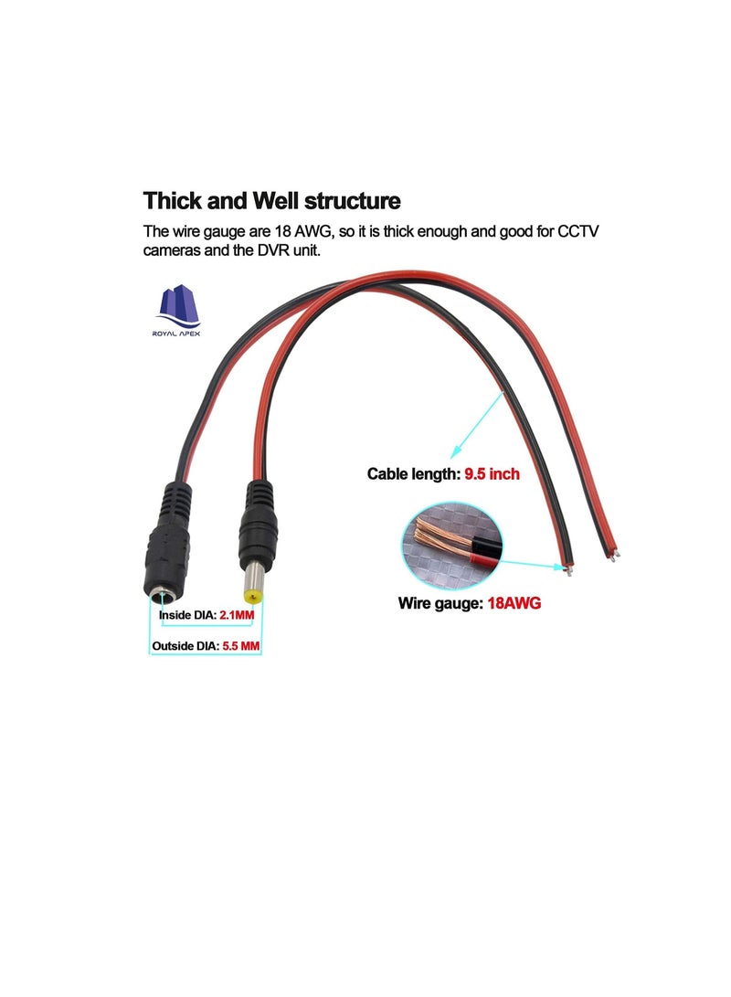10Pcs DC Power Supply Wire Jack Plug Wire Connector for CCTV Security Camera and Lighting Power Adapter (Female Pin) - Image 2