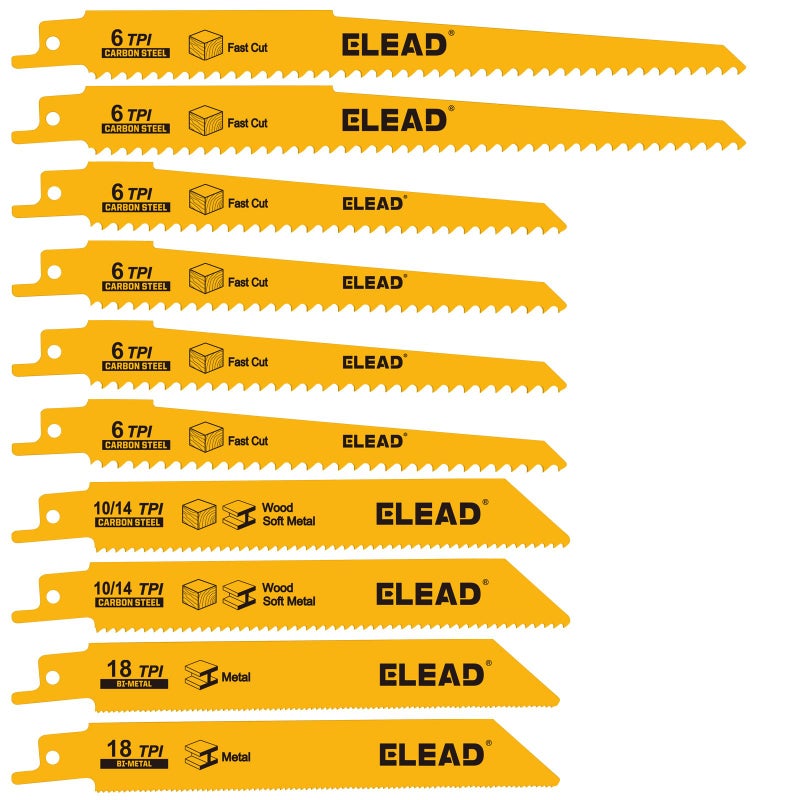 ELEAD مجموعة شفرات المنشار الترددية ثنائية المعدن المكونة من 10 قطع، شفرات منشار قطع الخشب والمعادن الممتازة مقاس 6 و8 بوصة مع صندوق تخزين - Image 1
