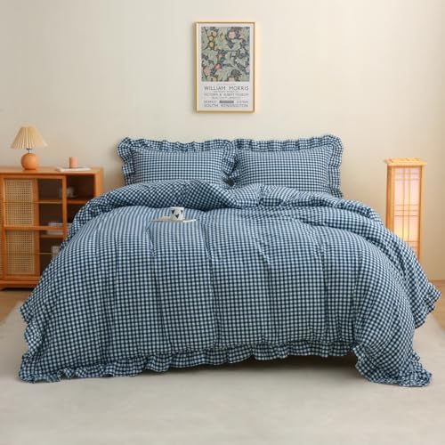 Silnuo Navy Blue/White Plaid Ruffle 3-Piece Duvet Cover Set Queen Size,Washed Cotton Shabby Gingham Checkered Bedding Set Vintage Comforter Set - Image 1