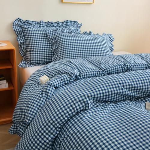 Silnuo Navy Blue/White Plaid Ruffle 3-Piece Duvet Cover Set Queen Size,Washed Cotton Shabby Gingham Checkered Bedding Set Vintage Comforter Set - Image 2