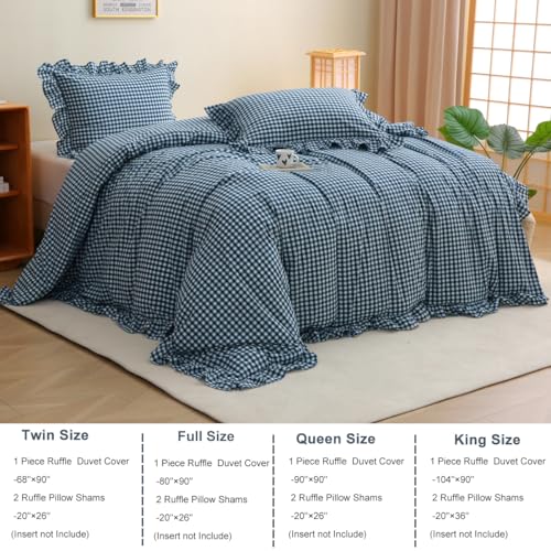 Silnuo Navy Blue/White Plaid Ruffle 3-Piece Duvet Cover Set Queen Size,Washed Cotton Shabby Gingham Checkered Bedding Set Vintage Comforter Set - Image 4