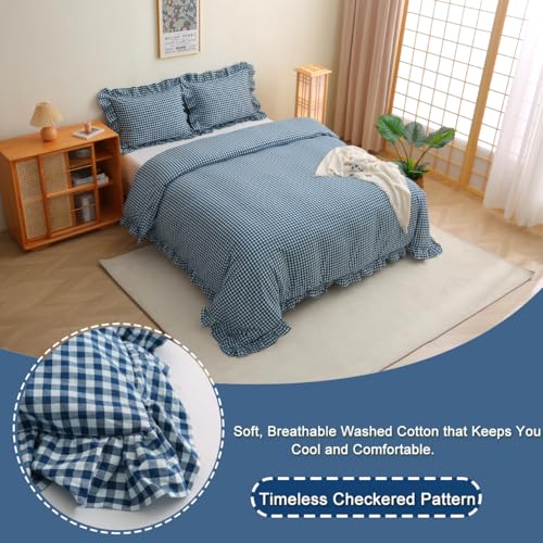 Silnuo Navy Blue/White Plaid Ruffle 3-Piece Duvet Cover Set Queen Size,Washed Cotton Shabby Gingham Checkered Bedding Set Vintage Comforter Set - Image 3