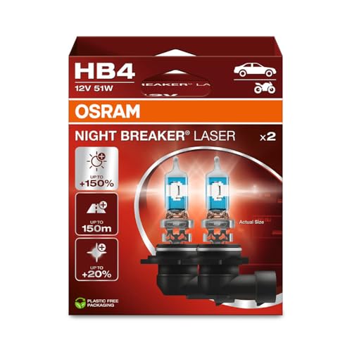Osram Night Breaker Laser HB4, 150% More Brightness, Halogen Headlight Bulb, 9006NL-2HB, 12 V Car, Hanging Box (2 Lamps), White - Image 1