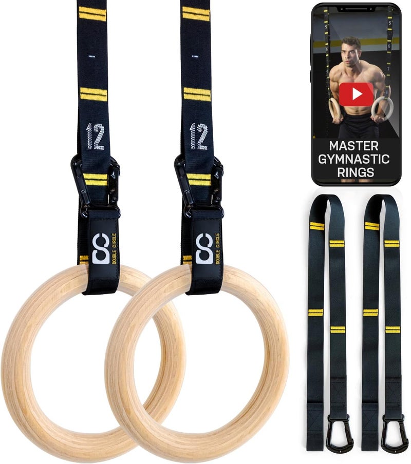 Double Circle Wood Gymnastics Rings with Quick Adjust Numbered Straps and Exercise Videos Guide - Full Body Workout Rings, Calisthenics, Home Gym (Multi-Size) - Image 1