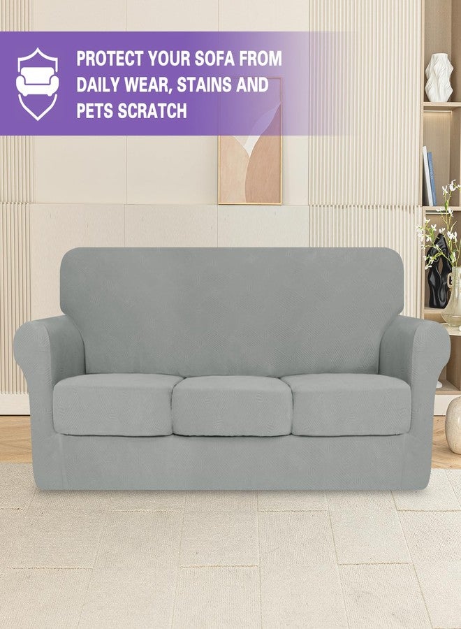 ZNSAYOTX Super Stretch Sofa Slipcovers 4 Piece, Newest Striped Couch Covers for 3 Cushion Sofa, Dog Cat Pets Proof Universal Soft Couch Protector Washable Durable Anti Slip (71"-91", Light Grey) - Image 3