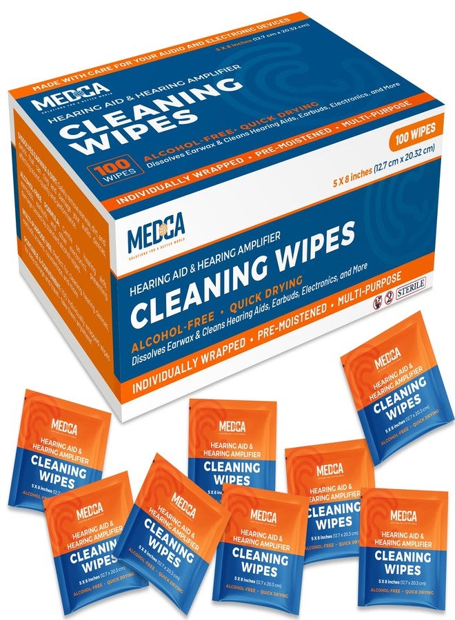 MEDca Hearing Aid Cleaning Wipes - 100 Individually Wrapped Pre-Moistened Alcohol-Free Wipes for Hearing Aids, Amplifiers, Earbuds, Audio & Electronics - Portable, Quick-Drying, Gentle, Daily Use & Travel - Image 1